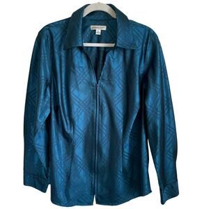 Coldwater Creek Teal Blouse Jacket Satin Plaid Zip Front V-Neck Plus Sz 1X